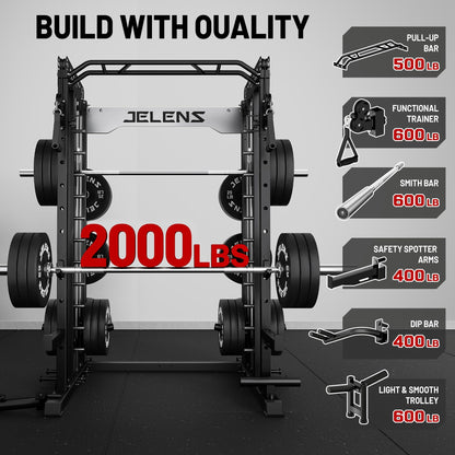 JELENS Smith Machine for Home Gym, Multi-Function M12 Power Cage, Squat Rack with Smith Bar and More Attachment (Black, 140LB Black Weights Package)