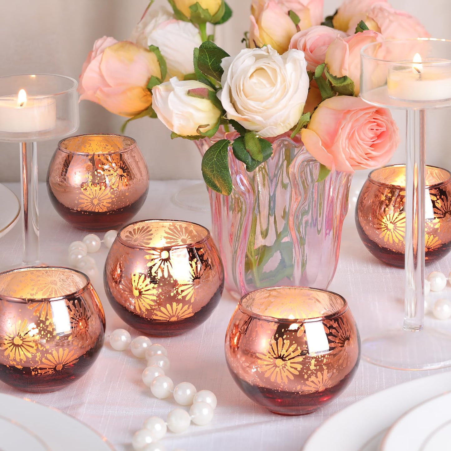 sunnyfuture Pink Mercury Glass Votive Candle Holders Set of 12, Round Tealight Candle Holders for Table Centerpieces, Weddings, Shower Gifts, Valentine's Day, Mother's Day, Party Decorations