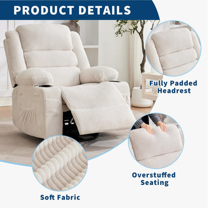 Rocking Recliner Chair for Adults Wide 360° Swivel Rocker Recliner with Cup Holder Nursery Glider with Upholstered Deep Seat Corduroy Lazy boy Chair for Living Room Beige