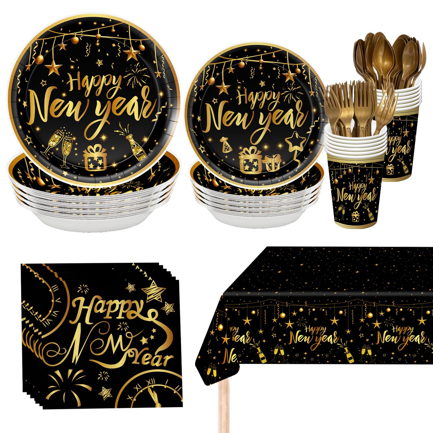 KatchOn, Happy New Year Plates Cups and Napkins Set - Serves 25 Guest | New Years Eve Party Supplies for New Years Decorations 2026 | Happy New Year Tableware for Nye Decorations 2026