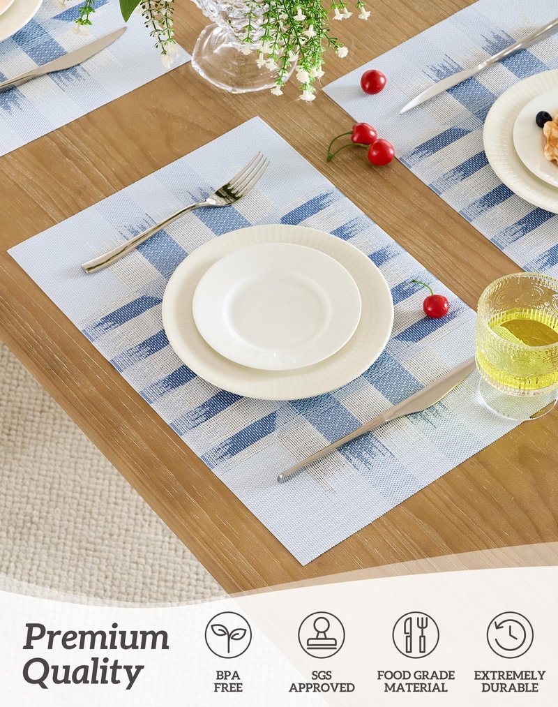 Leetaltree Geometric Print Blue Placemats Set of 8 - Heat Resistant Non-Slip Place mats for Dining Table, Washable Durable PVC Vinyl Woven Table Mats (Geometric Blue, 8)
