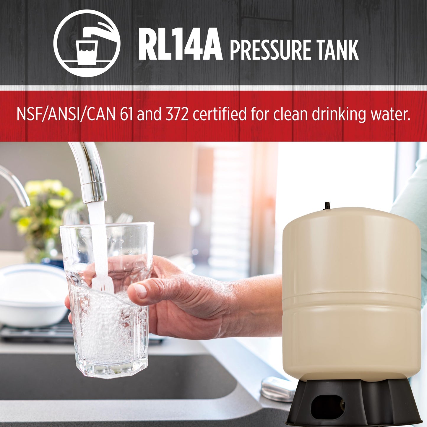 Red Lion RL14A - 14-Gallon Vertical Pre-Charged Pressure Tank with Thermoplastic Base for Well Pumps, 1-Inch FNPT Elbow System Connection, Almond, 604687