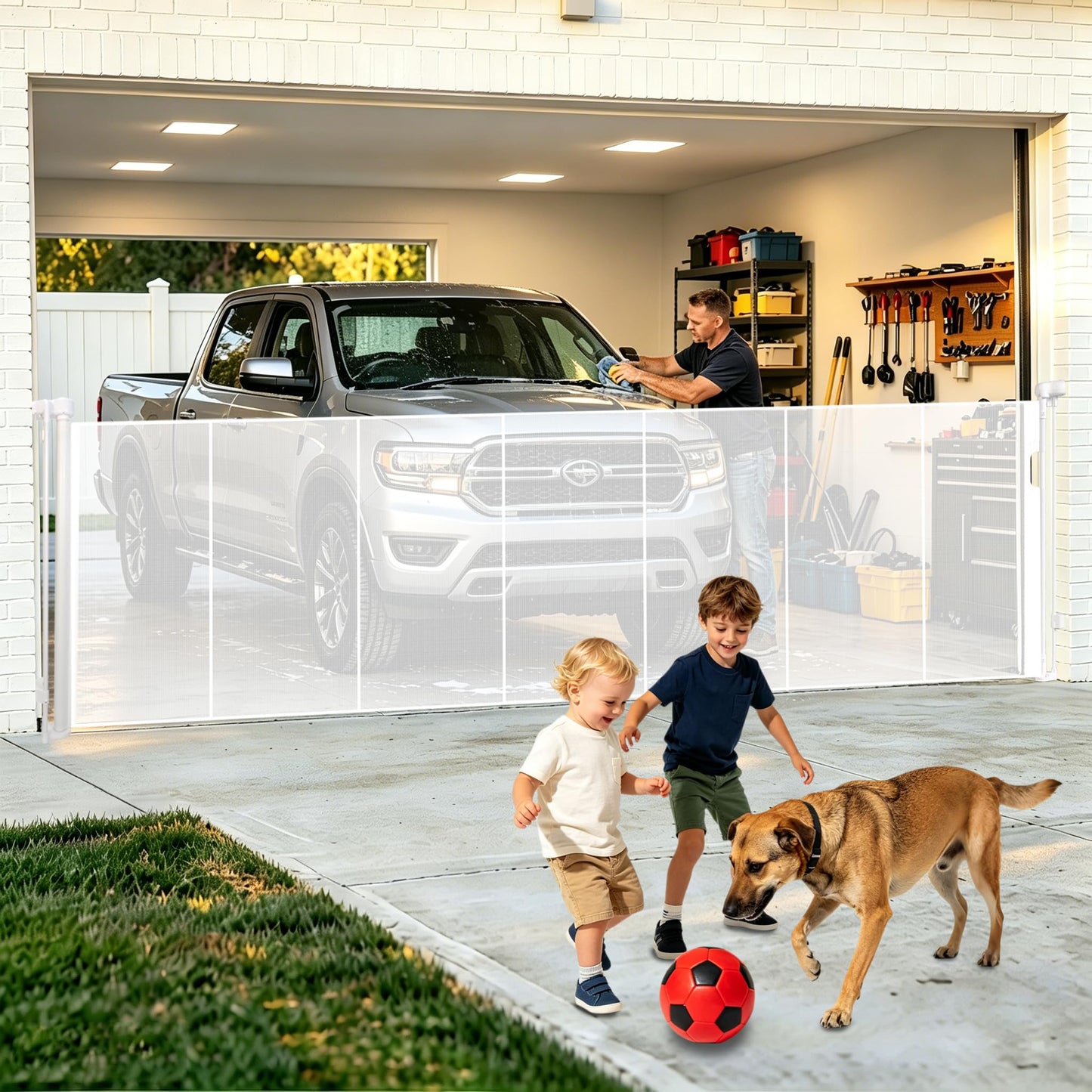 160" Extra Wide Retractable Baby Gates, 42" Extra Tall Retractable Dog Gate Pet Gate with Support Rods, Long Mesh Screen Child Safety Gate for Garage Doorways Hallways Deck Porch, Outdoor Indoor Use