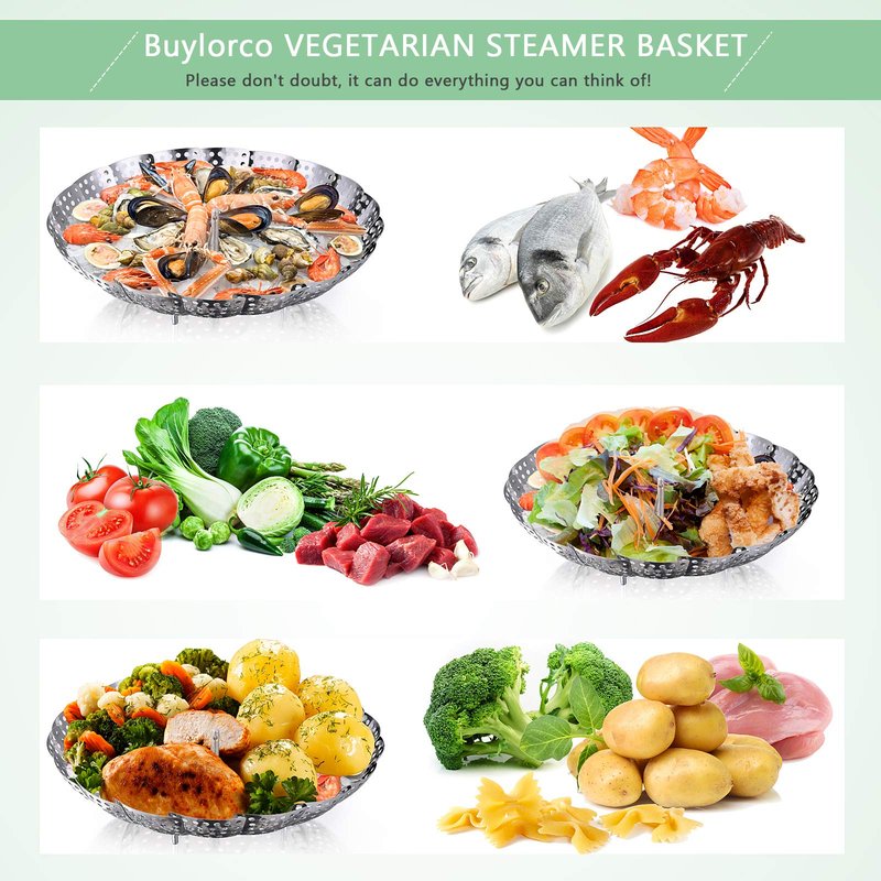 Buylorco Stainless Steel Folding Vegetable Steamer Insert for Veggie & Seafood Cooking (fits pots 5" to 9")