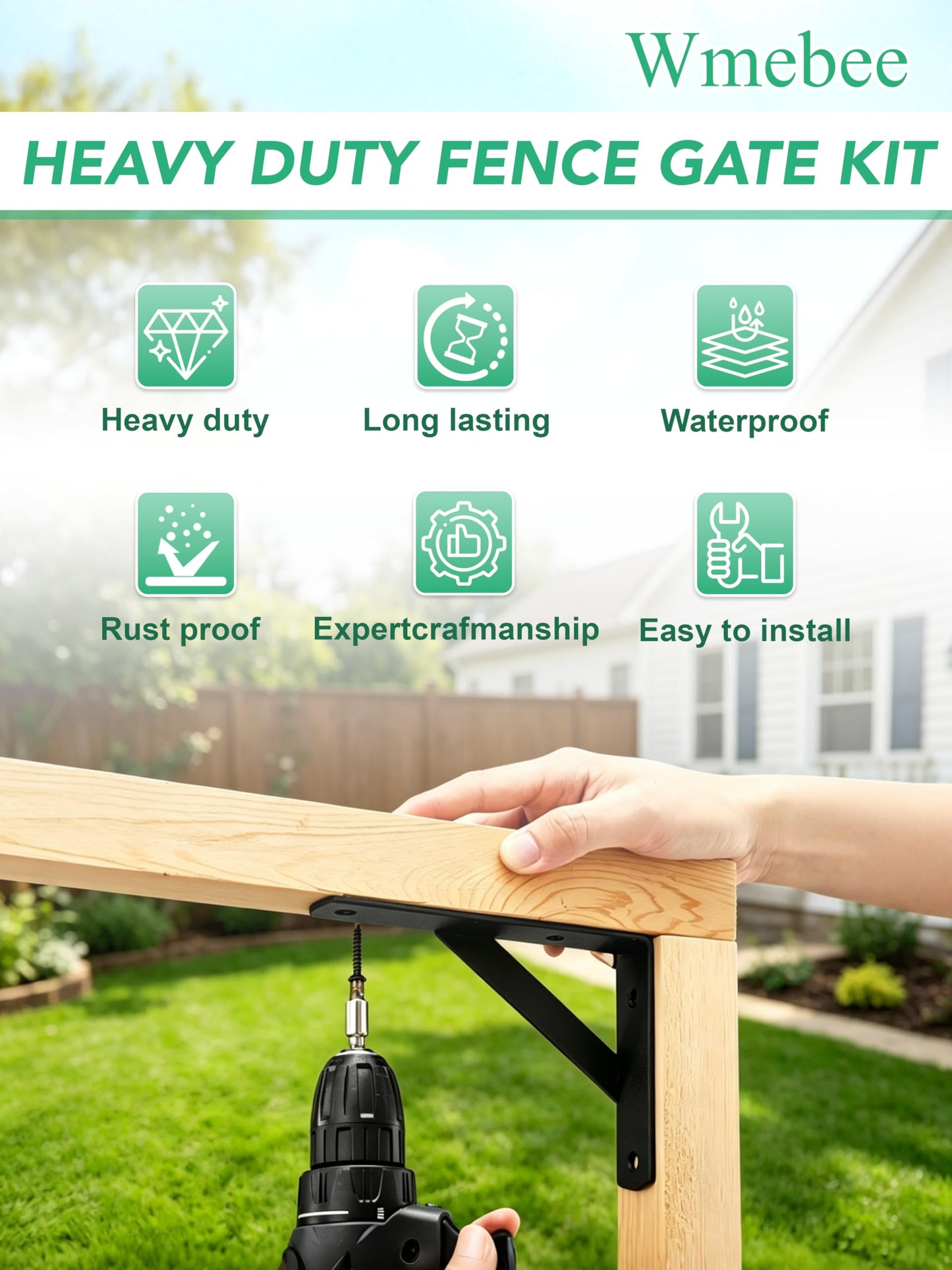 Wmebee Anti Sag Gate Kit, Fence Gate Kit Gate Hardware,Heavy Duty No Sag Anti Twist Gate Frame Corner Brace Bracket with Self-Locking Gate Latch for Wooden Fence Gate (1 Door Set)