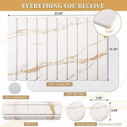 3 PCS Large Stone Dish Drying Mat for Kitchen Counter - Quick Dry Diatomaceous Earth Mat with 2 Coasters, Ultra Absorbent Stone Drying Pad for Dishes & Cups, Heat Resistant, Gold Marble