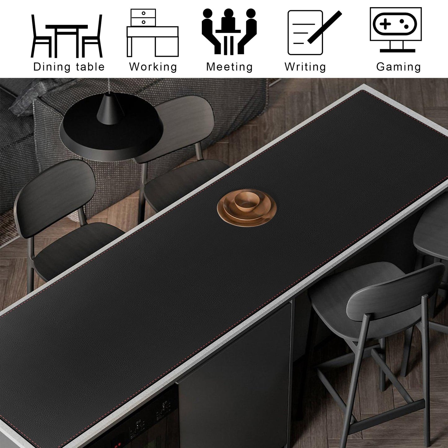 ZORESYN PU Leather Desk Mat Waterproof Anti-Oil Dining Table mat - 170x50cm - Non-Slip Mouse Pad, Large Desk Pad with Suede Base,Stitched Edges Computer Desk Mat for Gamer, Office & Home | Black