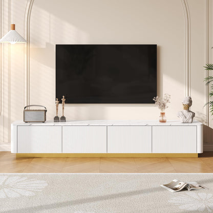 Merax Modern Fluted TV Stand Consoles for Living Room, Wood Entertainment Center with 4 Drawers & Faux Marble Tabletop, Practical Media Console for Televisions Up to 85'', White