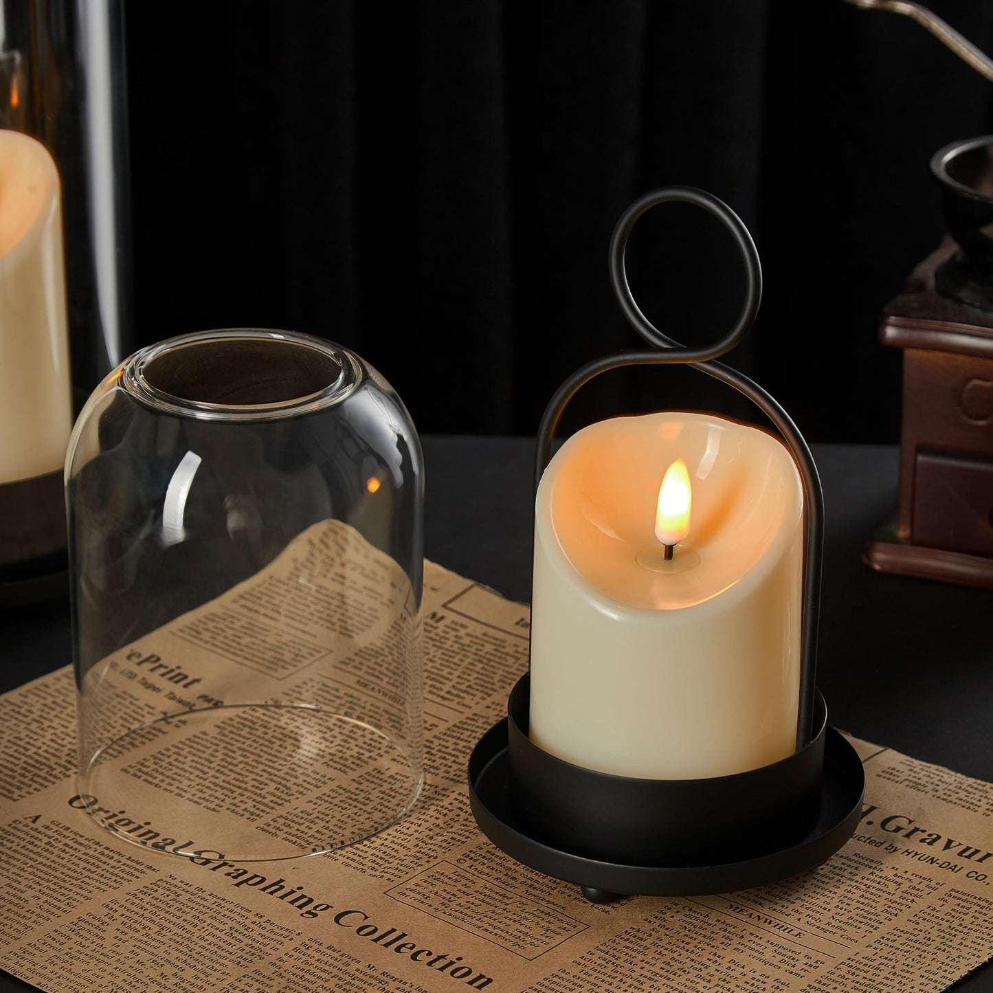 Ganwu 5"&4" Metal Candle Holder with Handmade Glass Dome in Brass & 2 Timer Candles, Set of 2 Versatile Hurricane Glass Candle Holders for Pillar Candles & Plants