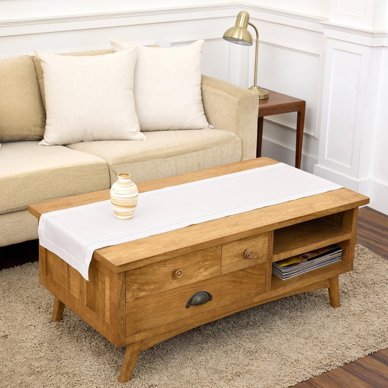 Solino Home Linen Indigo Navy Hemstitch Table Runner 60 Inches - 100% Pure Linen Small Table Runner 14 x 60 Inch Ideal for Dresser and Coffee Tables - Sonoma Hemstitch, 4th of July