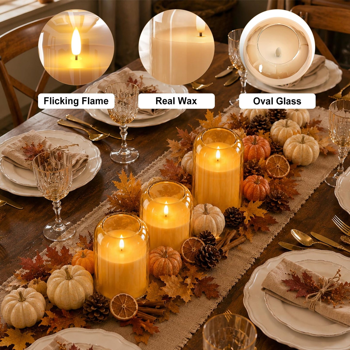 ARIKJ Amber Glass Flameless Candles with Remote, 3-Pack LED Pillar Candles for Classy Fall Decor, Modern Aesthetic Room, Thanksgiving Centerpiece, Boho Shelf, Mantel & Coffee Table