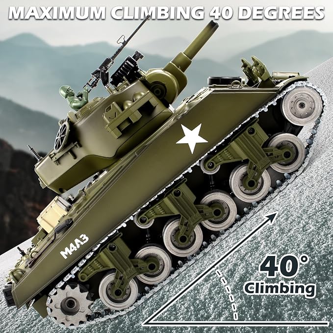 1:18 RC Tank for Adult and Kid 2.4G US M4A3 Sherman Alloy Metal Tracks Model Toys RC Vehicle Tank That Shoots BBS with Smoke Lights Sound Military Army Toys with 2 Rechargeable Battery