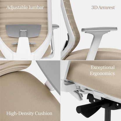 Branch Ergonomic Chair - A Versatile Desk Chair with Adjustable Lumbar Support, Breathable Mesh Backrest, and Smooth Wheels - Experience Optimal Comfort and Support - Sand - White