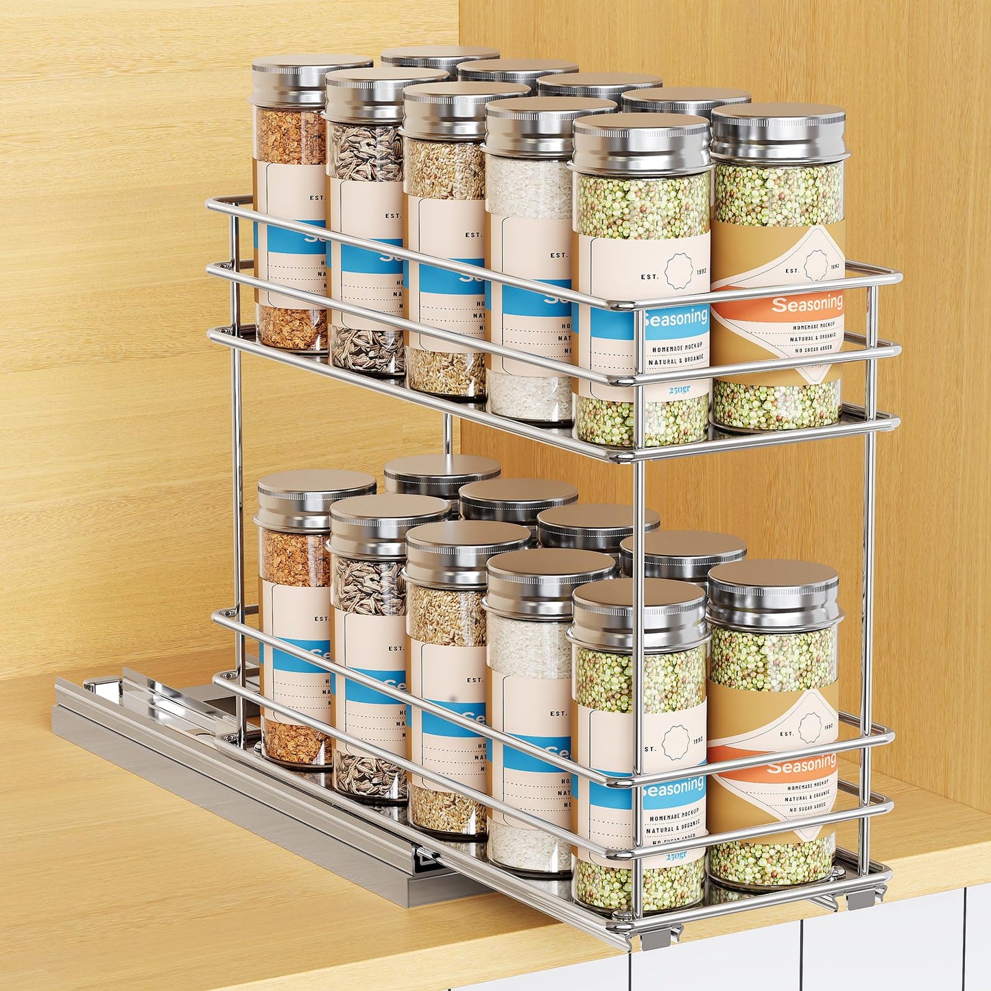 Pull Out Spice Rack Organizer for Cabinet, Slide Out Spice Racks, Easy to Install, 2.1''Wx10.35''Dx8.26''H, 3 Drawers 2 Tiers(Black)