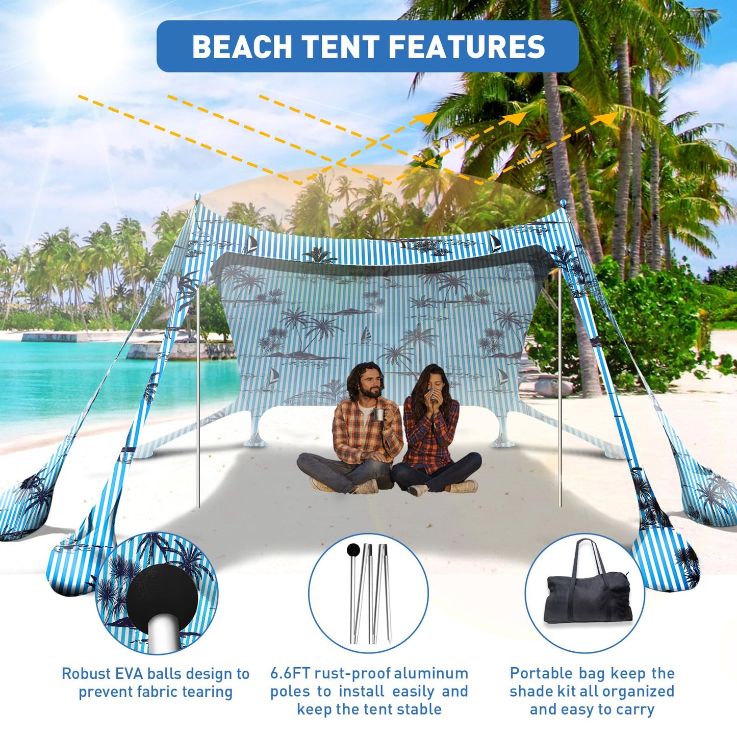 Wabolay Beach Tent Canopy Pop Up Shade 10x10ft Sun Shelter Portable Family UPF50+ with 8 Sandbags-2 Sand Shovel-4 Aluminum Poles-Ground Pegs-Carrying Bag for Outdoor Camping Fishing Backyard Picnic