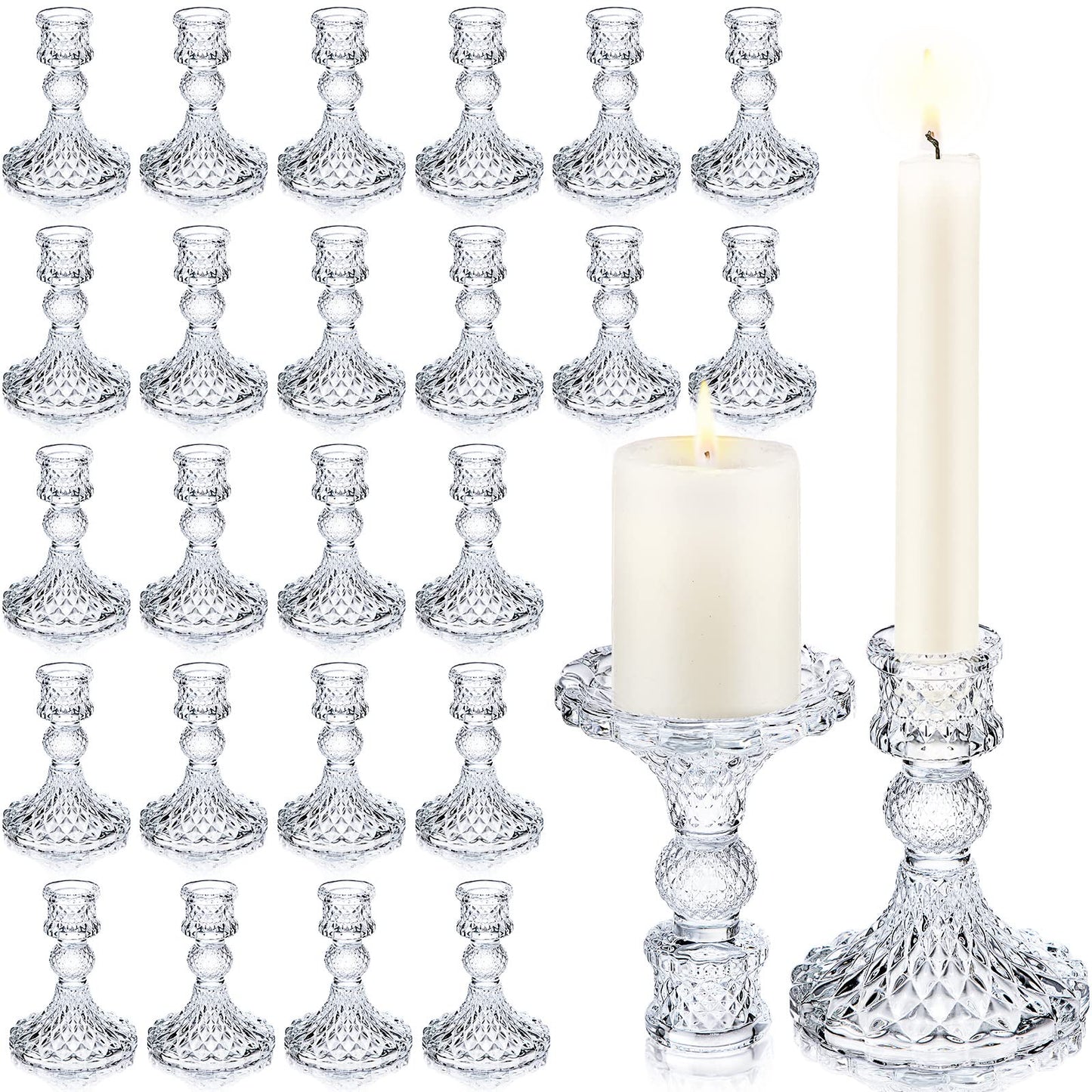 Sieral 24 Pcs Clear Taper Candle Holders 4'' Tall Glass Candlestick Holders Bulk Crystal Decorative Stand Wedding Stick Holder for Anniversary Party Dining Table Festival Decor