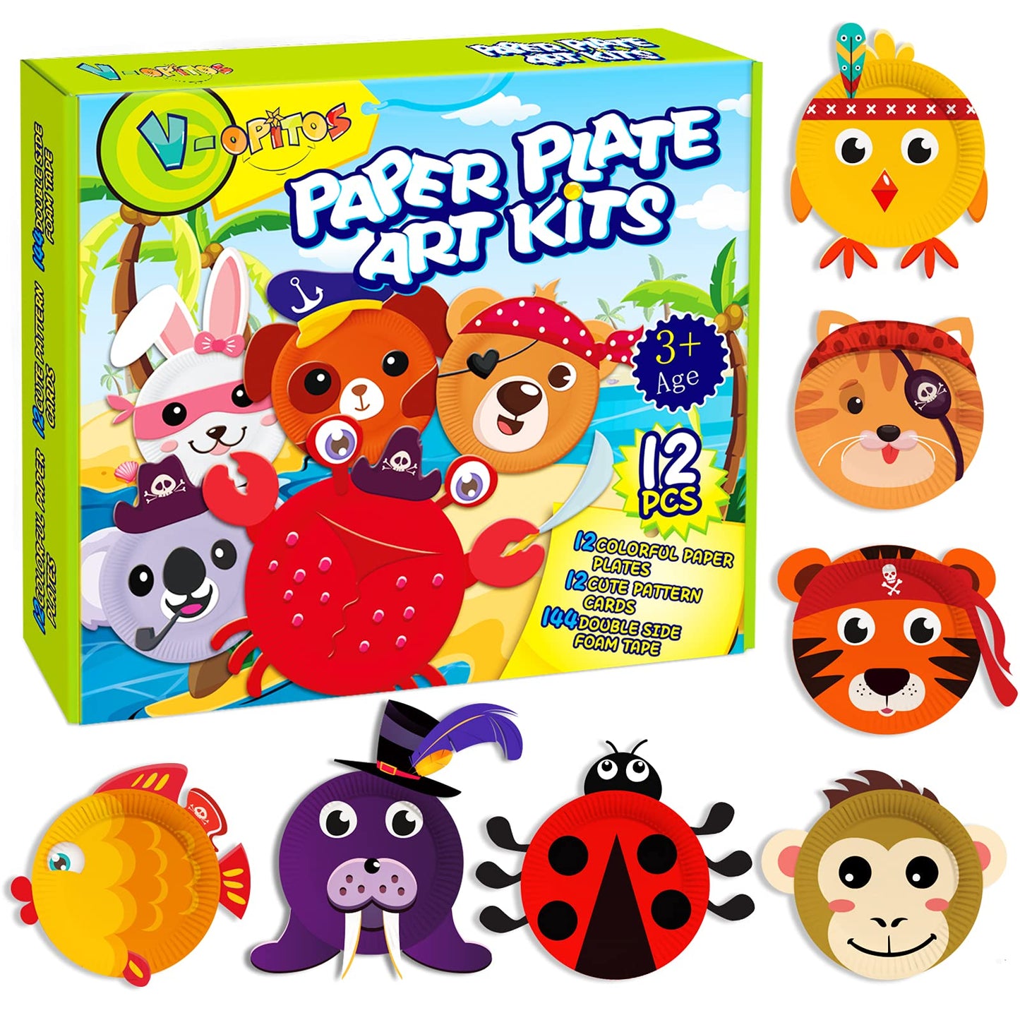 V-Opitos Arts and Crafts Kits for Kids, 12 Pack Paper Plate Crafts, Simple Animal Crafts for Toddler Age of 3, 4, 5 Years Old, Fun Preschool Classroom Activity Project for Boy & Girl