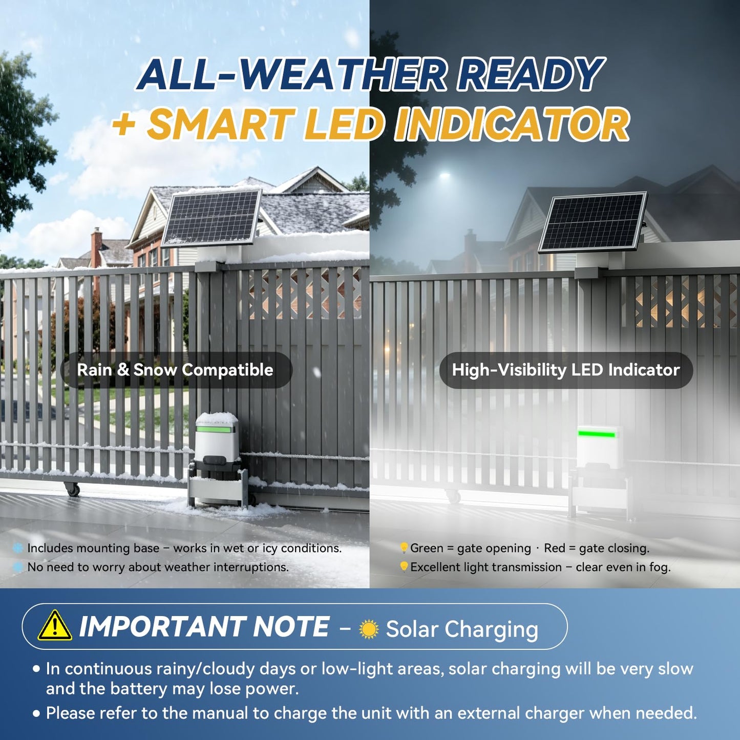 1300lbs Solar Sliding Gate Opener Chain Drive with Built-in Backup Battery, WiFi Remote Control, IR Sensor, Automatic Gate Motor for Heavy Driveway Slide Gates, Off-Grid Operation with Solar Panel