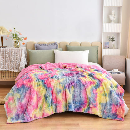 NEWCOSPLAY Super Soft Faux Fur Blanket Queen Size Dark Rainbow Sherpa Fuzzy Plush Warm Blanket for Sofa Bed (Dark Rainbow, Queen(90"x90"))