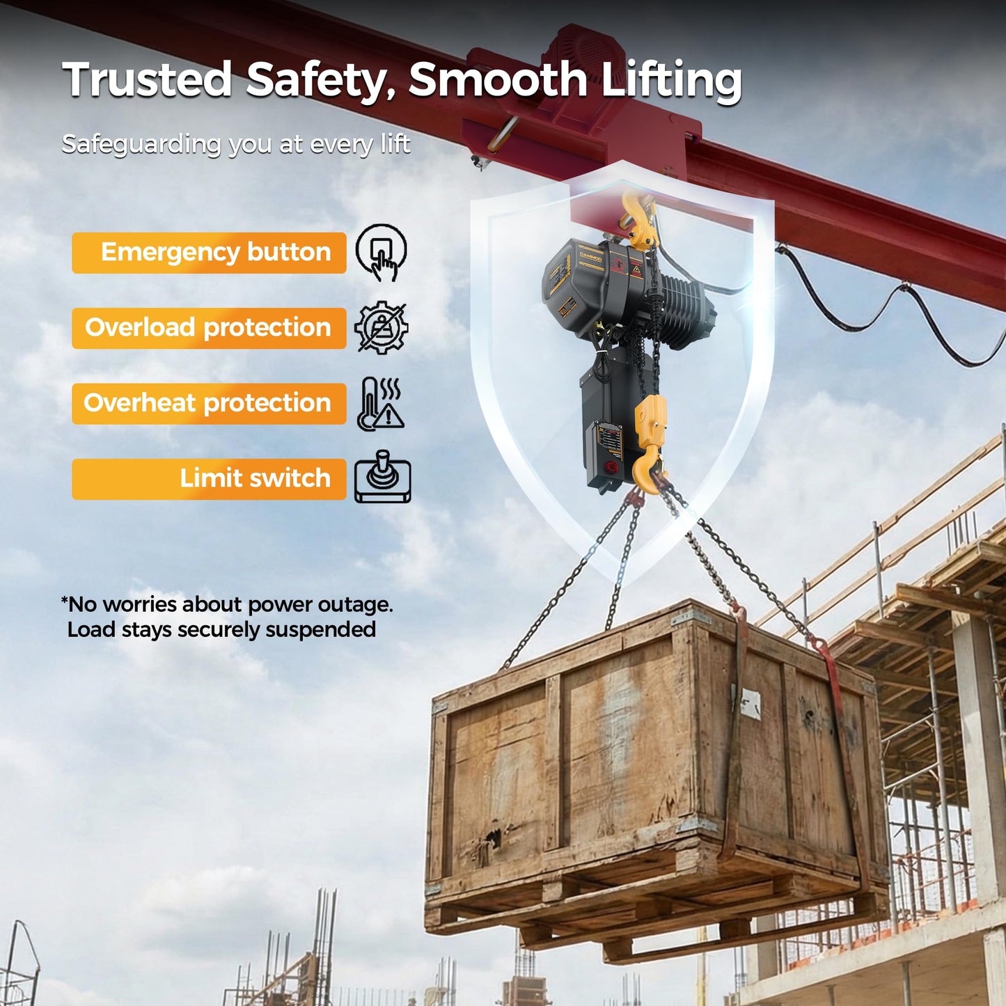 CAMMOO Electric Chain Hoist, 2200 lbs Load, 20 ft Lifting Height, Extended 492 ft Wireless & 20 ft Wired Remote Control, Brushless Copper Motor, DT Carburized Chain, IP65 for Warehouse, Construction