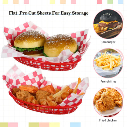 Patelai 30 Pcs Fast Food Baskets with 100 Sheets Red Checkered Deli Liners, 10.5" x 6.7" Red Burger Baskets 100 Pcs Clear Bags with Tie, Restaurant Serving Basket Sets for Burgers Fries Hot Dogs Bread