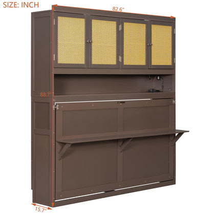 DNYN Murphy Bed Frame with Top Cabinet and LED for Bedroom/Guest/Study Room, Twin Size Wooden Foldable Wall Bed with USB Ports, Space-Saving Design & No Box Spring Needed