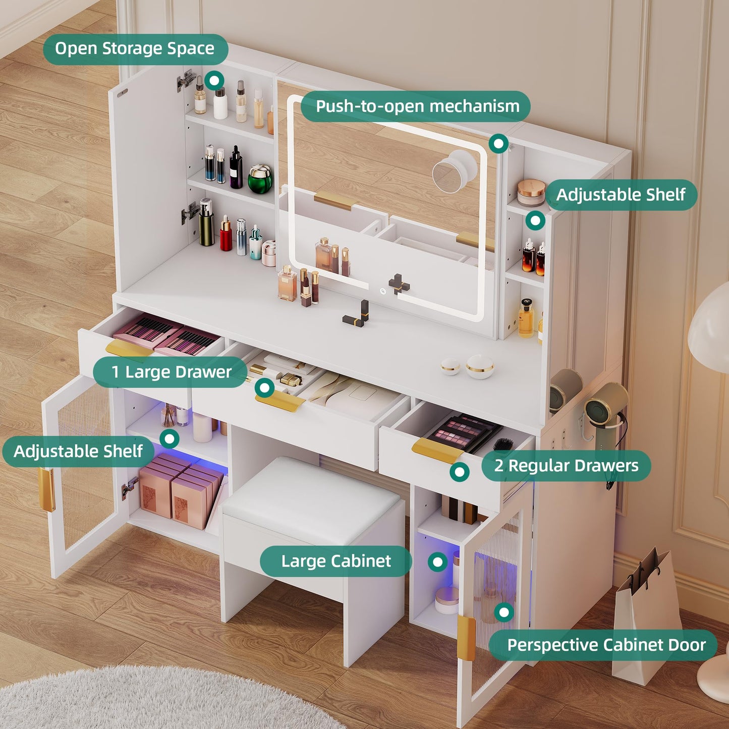 YITAHOME 56" LED Vanity Desk with Tri-Fold Mirror & Lights, RGB Glass Storage, 3 Drawers
