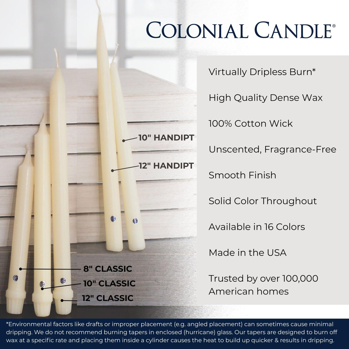 Colonial Candle Unscented Taper Candle, Classic Collection, Ivory, 8 In, Pack of 12 - Up to 6 Hours Burn