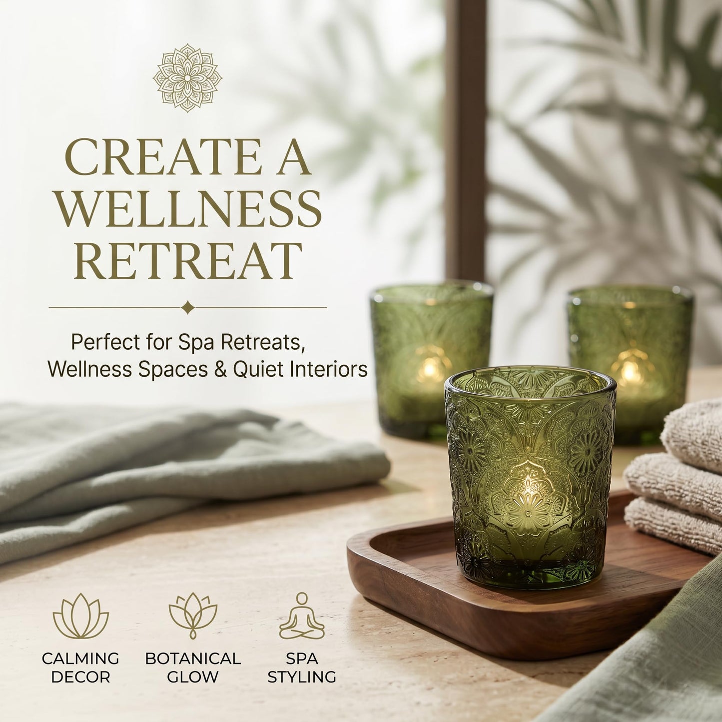 6 Pack Mandala Embossed Glass Candle Holders – Votive Tealight Holders with Patent Design, Decorative Embossed Glass Cups for Wedding Centerpieces, Parties, and Home Décor (Moss Green)
