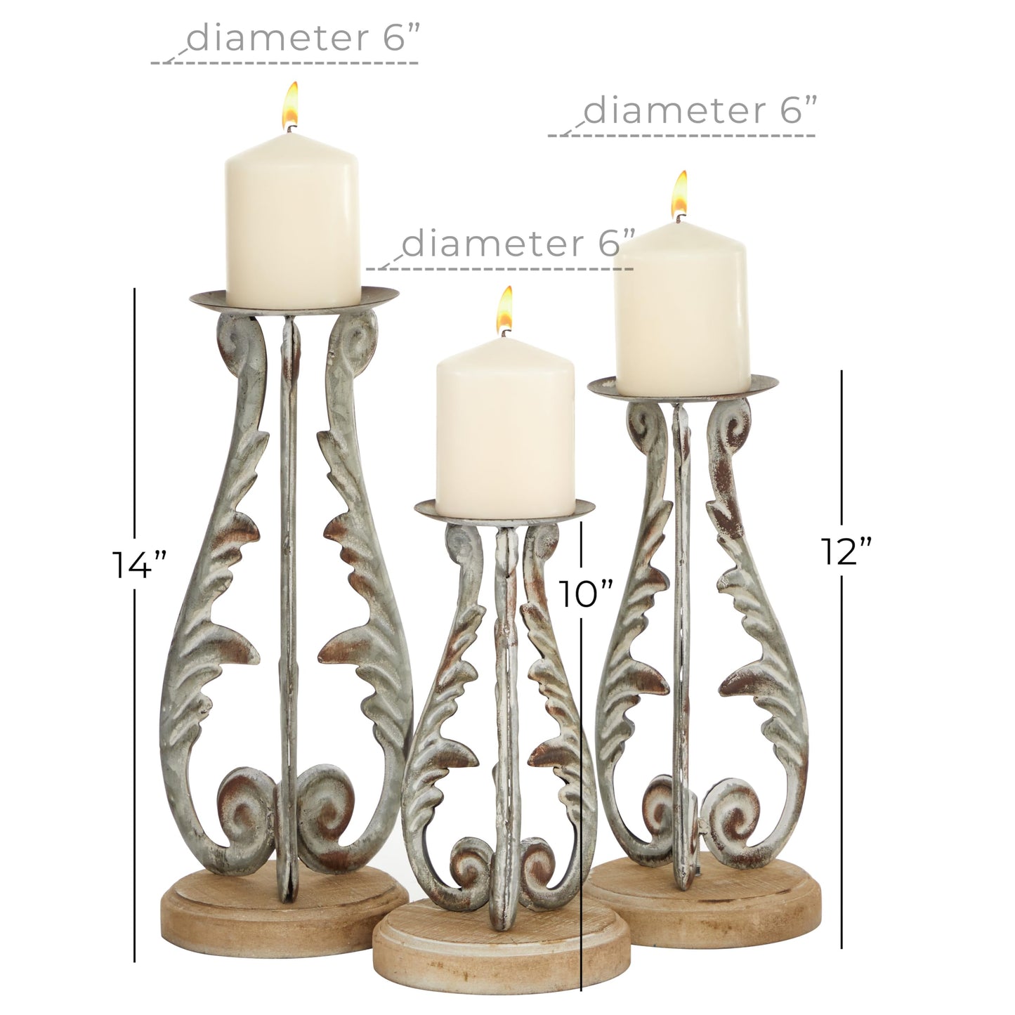 Deco 79 Metal Solid Candle Holder, Set of 3 14", 12", 10"H, Silver