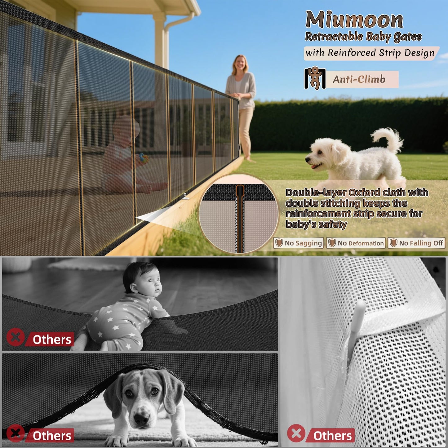 Miumoon 200 inch Retractable Baby Gates 37 inch Tall, Retractable Gate with Reinforced Strip Design to Prevent Crawling Through, 16 FT Outdoor Retractable Gates, Extra Wide Retractable Gate for Garage
