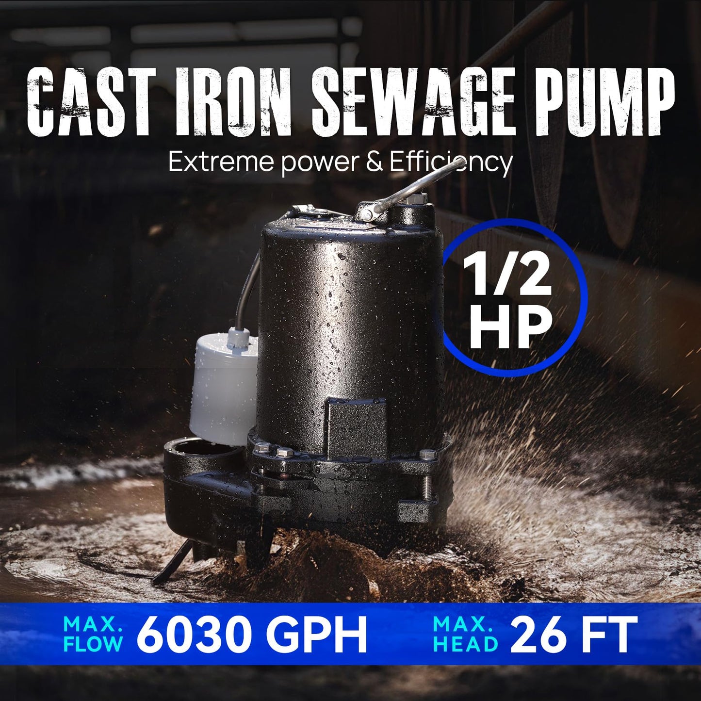 Aquastrong Cast Iron Sewage Pump 1/2HP Effluent Pump 115V 6030 GPH Sump Pump with Auto Float Switch, Ideal for Basement Sump Pits, Industrial Wastewater - Commercial-Grade Sewage System