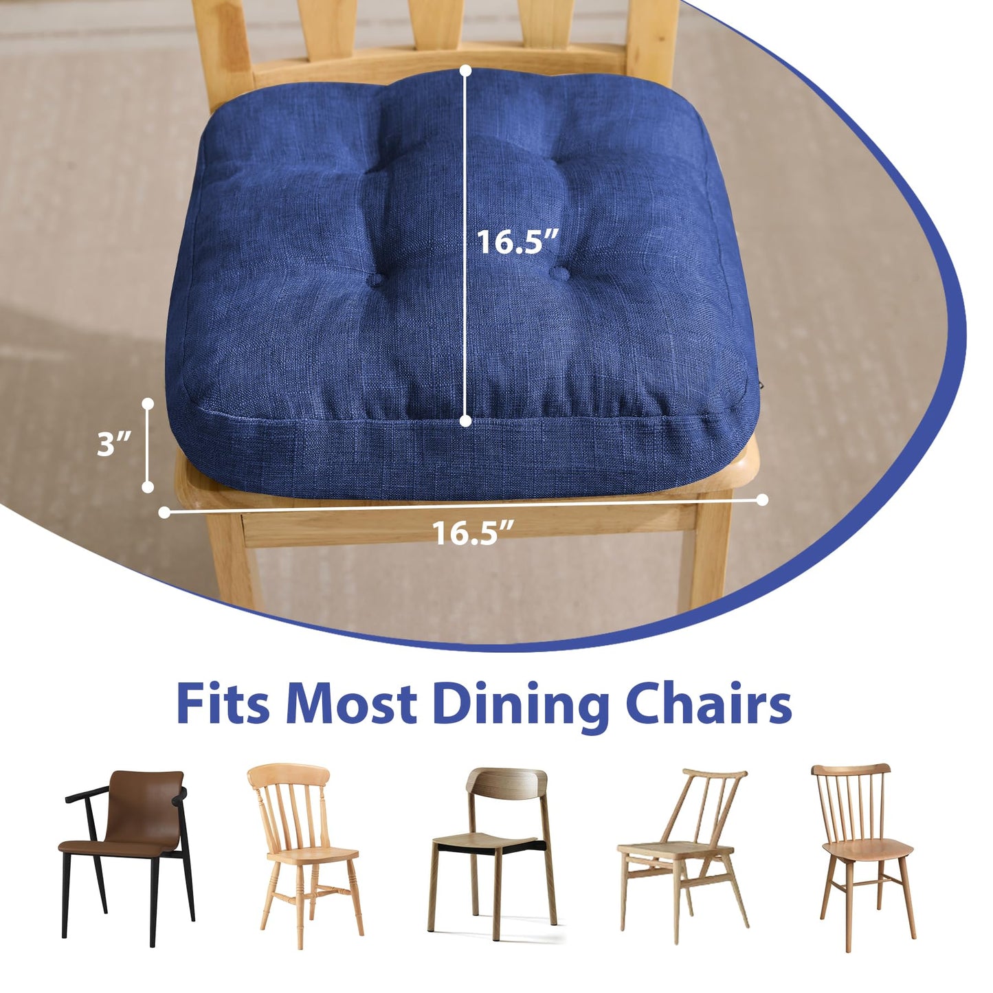 IASEAHK Chair Cushions for Dining Chairs, Dining Chair Cushions, Tufted Indoor Chair Pads with Ties & Non Slip Backing, Seat Cushions for Kitchen Chairs 16.5” x 16.5” x 3.5”, Set of 6, Navy Blue