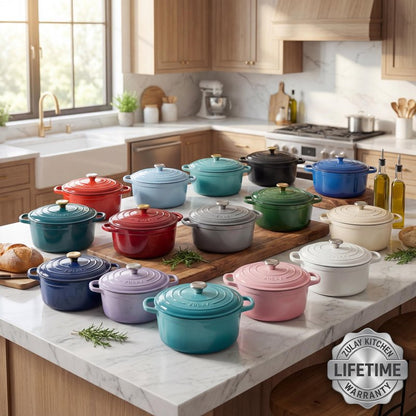 Zulay Kitchen 6 Quart Enameled Cast Iron Dutch Oven Pot with Lid – Premium Durability & Oven Safe up to 500°F – Heavy Duty Cookware Perfect for Bread Baking, Stews, Braising & Roasting - Blue