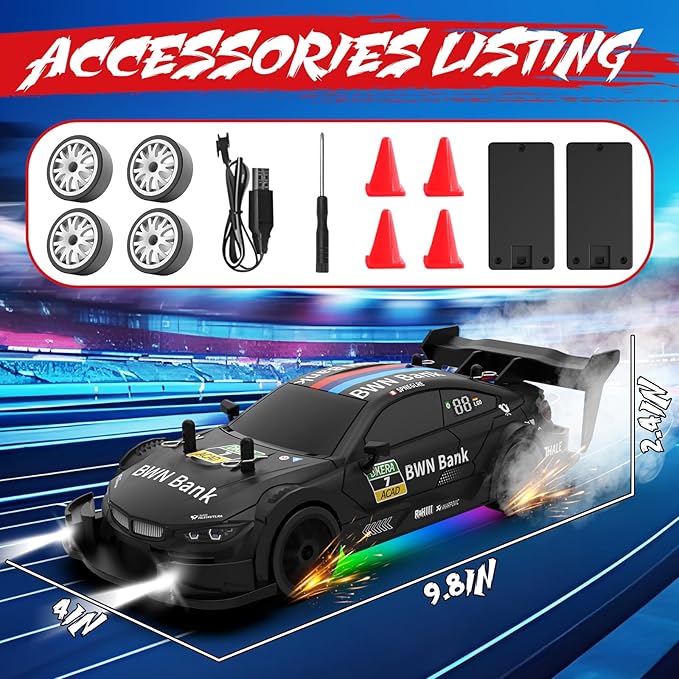RC Drift Car 1:20 Scale Remote Control Cars 2.4GHz 4WD High Speed RTR Racing Vehicle with LED Lights 2 Rechargeable Batteries and Drifting Tires Racing Sport Toy Car for Adults Kids Boys Girls