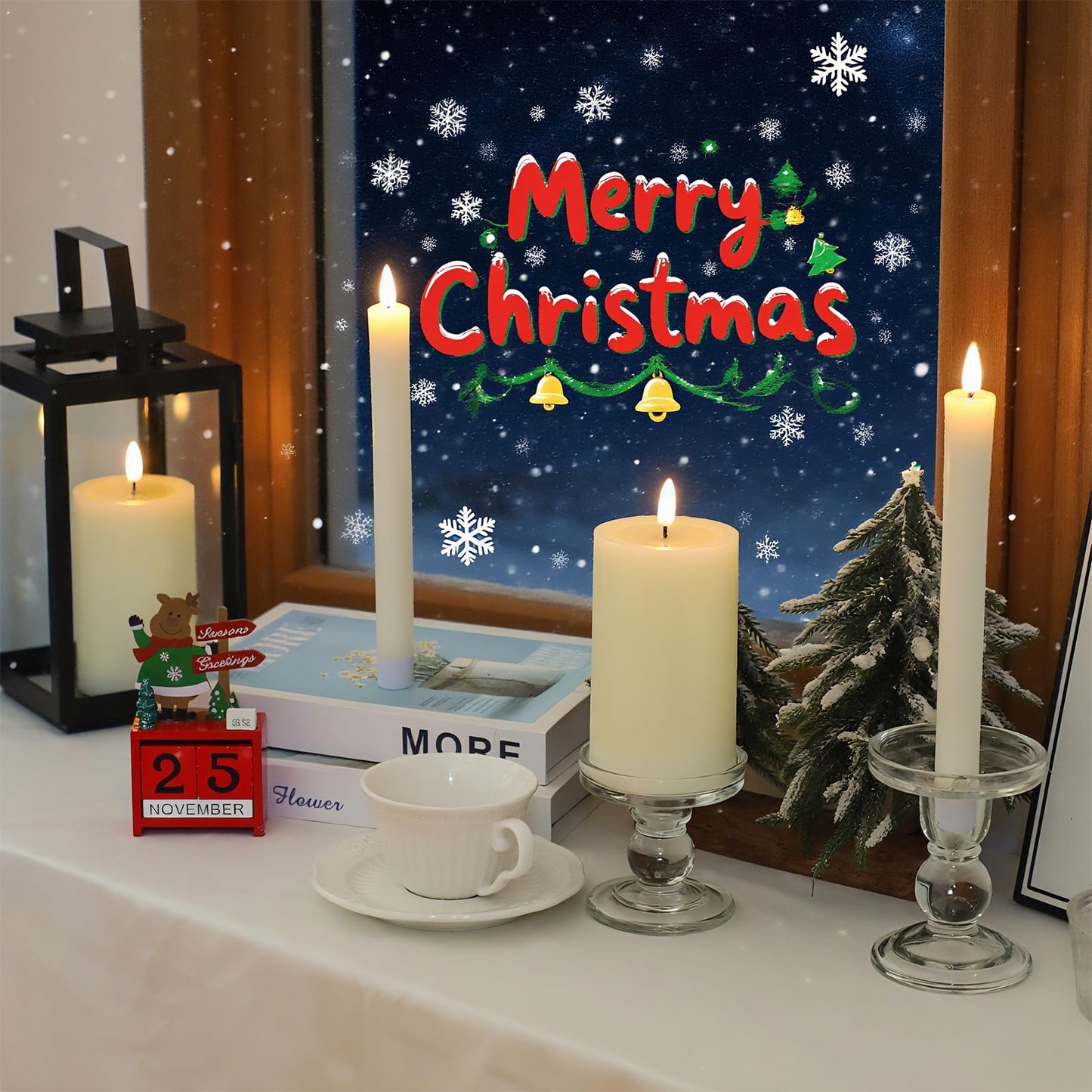 Hinabichan Real Wax LED Flameless Candles with Remote Timer, 4 Pcs Ivory Battery Operated Window Candle with 3D Flickering Flame for Fireplace Xmas Halloween Wedding Decor (9.5" Taper & 5" Pillar)