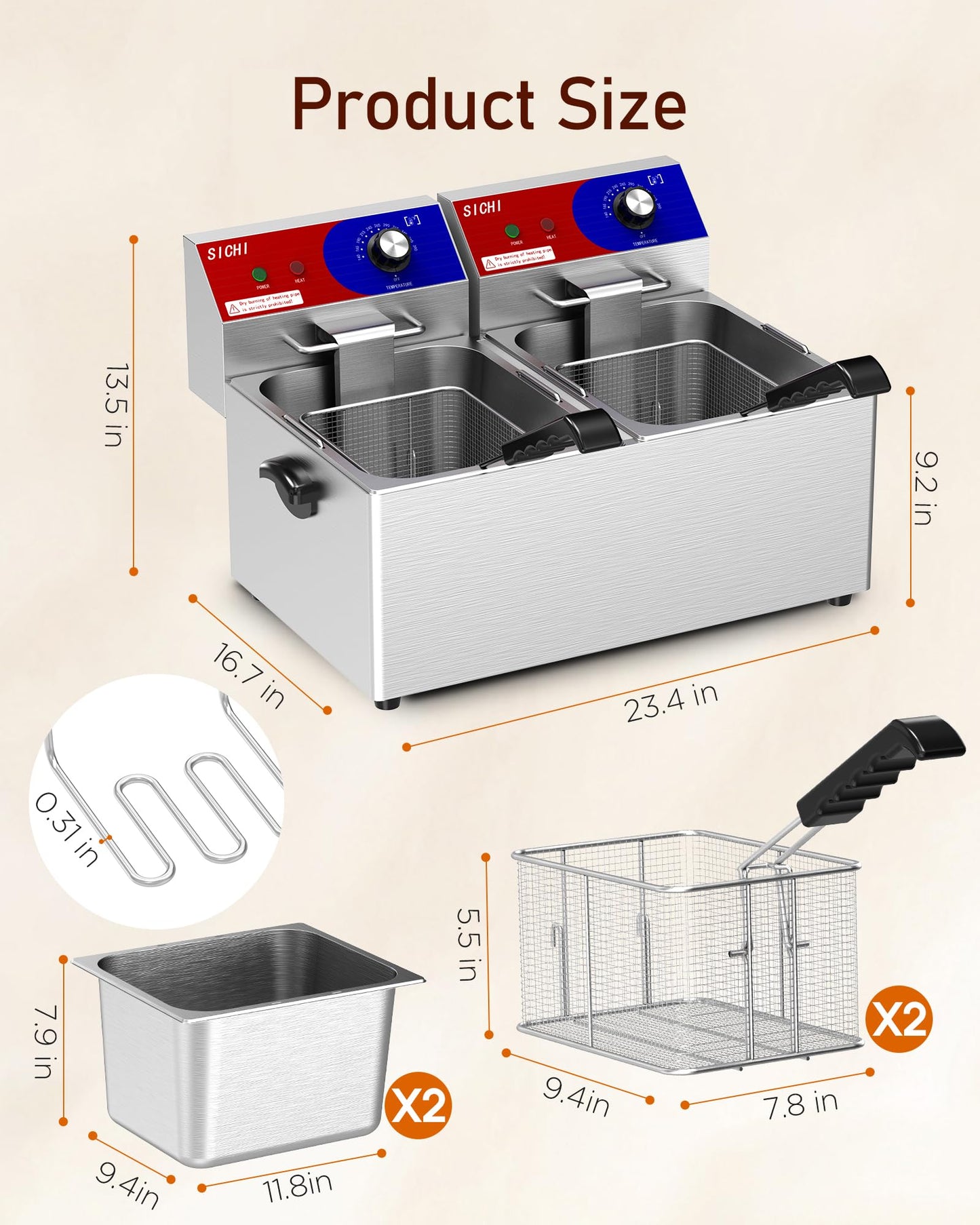 HTTSICHI Commercial Deep Fryer - 26 L Large Deep Fryer with 10 L Basket, Commercial Deep Fryer with Basket (2Pcs), Stainless Steel Countertop Deep Fryer w/Adjustable Temperature and Restaurant Use