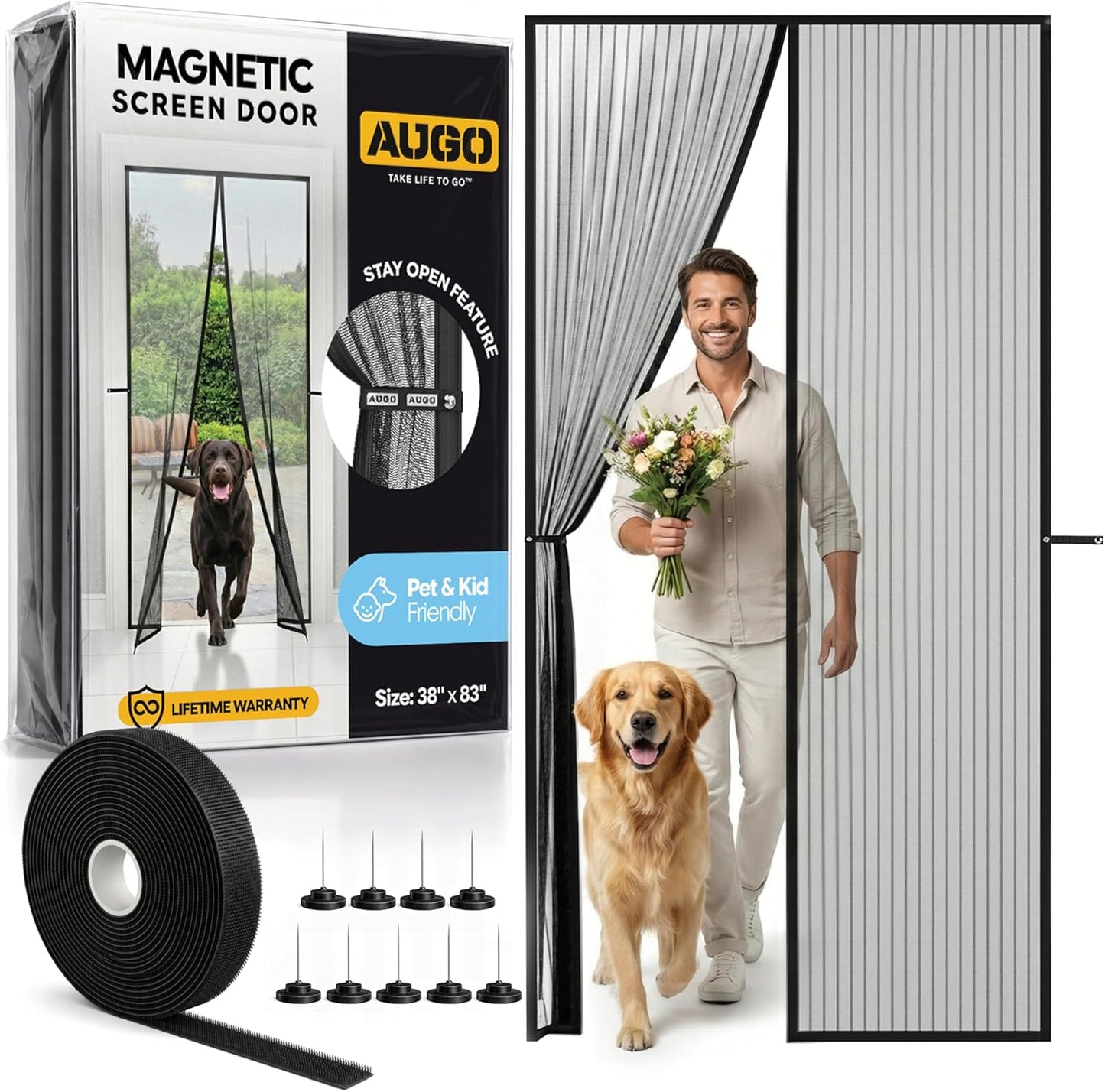 AUGO Magnetic Screen Door - Heavy Duty, Self-Sealing Mesh Keeps Bugs Out - 38" x 83" - Pet & Kid Friendly