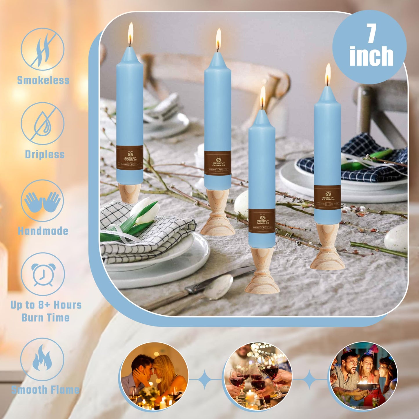4 Pack Taper Candles Blue Tapered Candles 7 Inch Smokeless Candle Unscented Short Candlesticks Ideal for Weddings Dinner Parties Home Decor