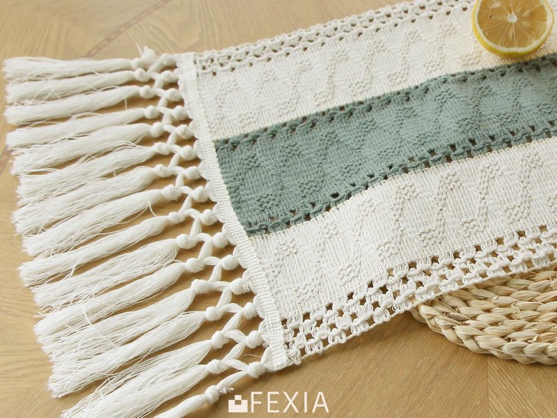 FEXIA Sage Green Table Runner 36 Inches Long with Tassels Boho Macrame Farmhouse Table Runners for Home Decor Party Bohemian Rustic Bridal Shower Dining Decorations(12x36 Inches)
