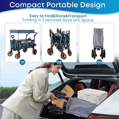 Collapsible Canopy Wagon, Foldable Wagon Stroller with 330LBS, Heavy Duty Cart with Shock-Absorbing Wheels, Adjustable Push Pulling Handles for Camping, Garden, Sports, Shopping, Blue