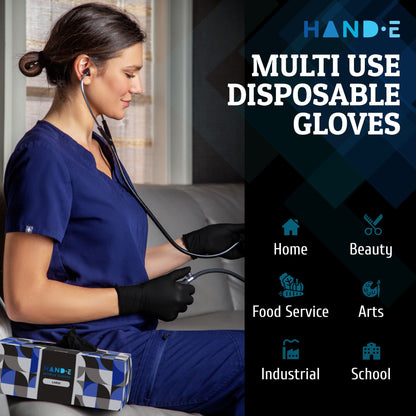 Hand-E Touch Black Nitrile Disposable Gloves Large, 50 Count - BBQ, Tattoo, Hair Dye, Cooking, Mechanic Gloves - Powder and Latex Free - Tattoo Supplies