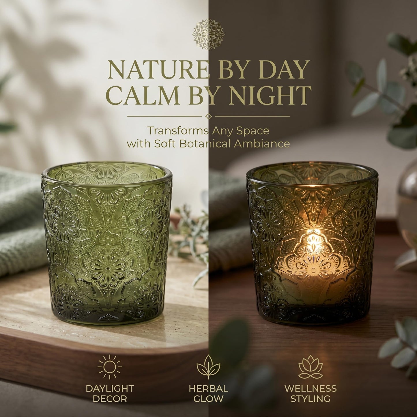 12 Pack Mandala Embossed Glass Candle Holders – Votive Tealight Holders with Patent Design, Decorative Embossed Glass Cups for Wedding Centerpieces, Parties, and Home Décor (Moss Green)