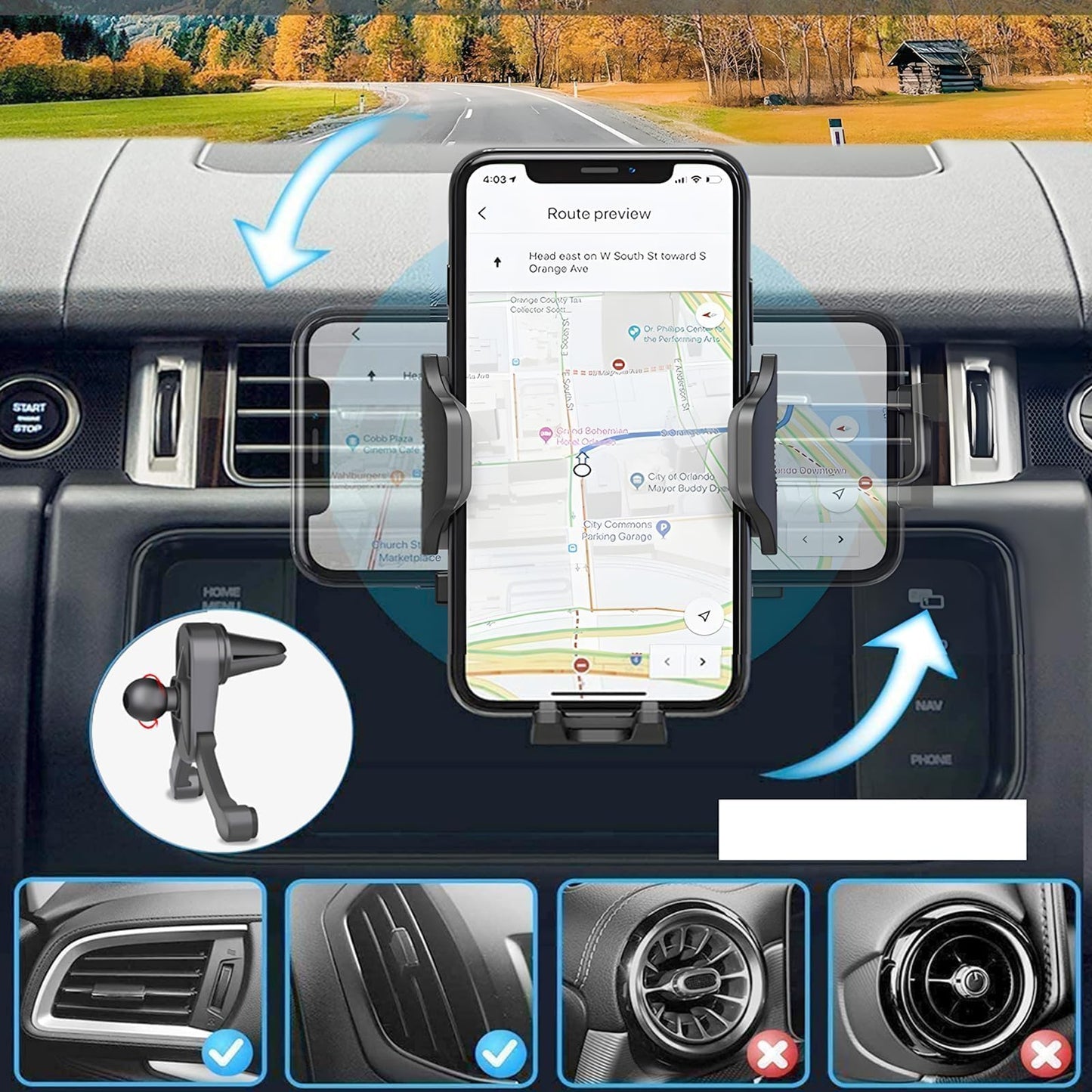Phone Holder for car, Car Phone Holder Mount with Upgraded Metal Hook Clip for Air Vent, Car Mount Smartphones Holders