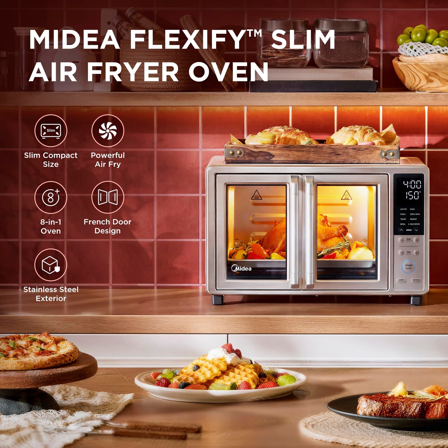 Midea Flexify Slim 8-in-1 French Door Toaster Oven Air Fryer Combo, Compact Countertop Oven with Infrared SpeedHeat, 25 Quart Capacity, Stainless Steel