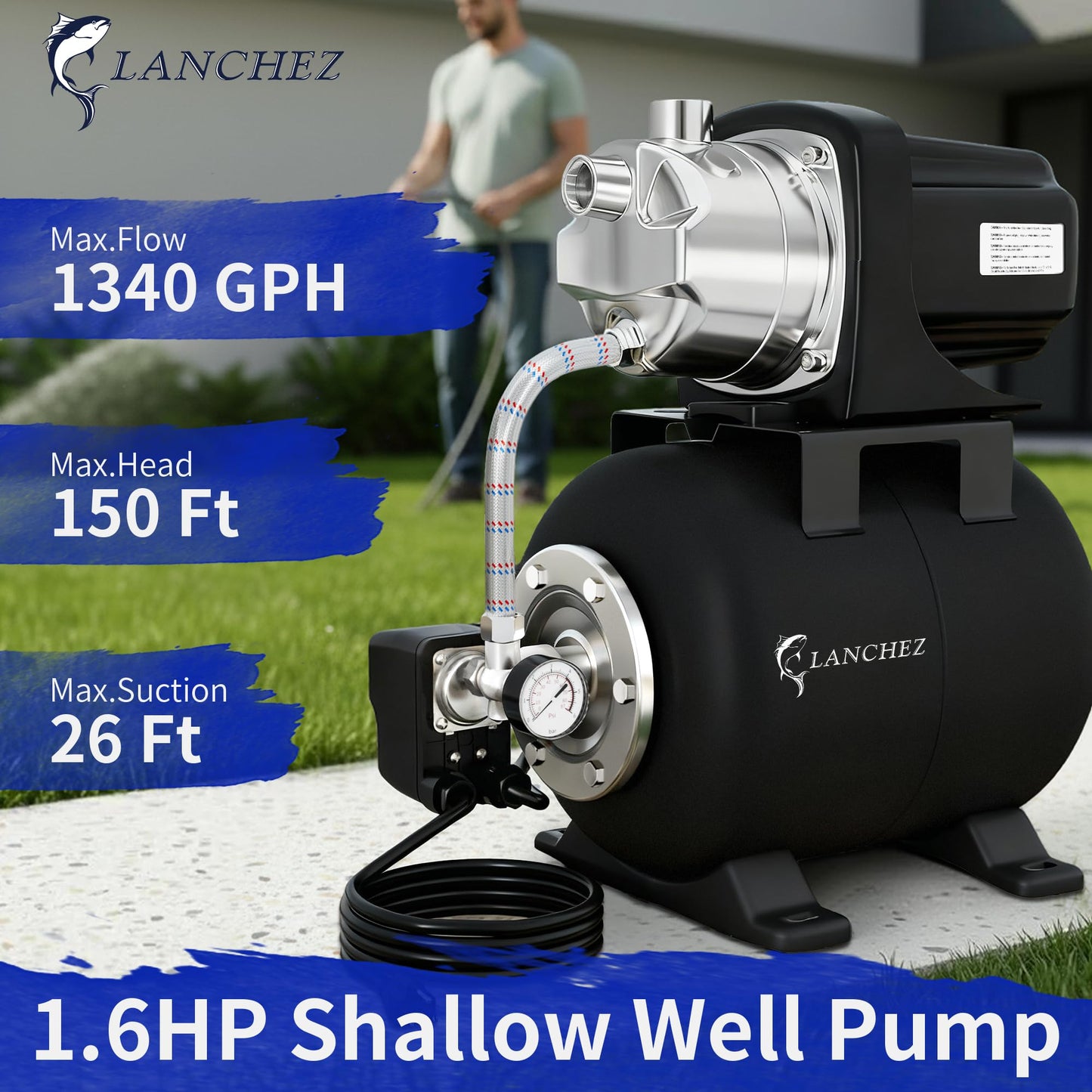 LANCHEZ Shallow Well Pump, Stainless Steel Water Transfer Pump, 115V Garden Irrigation Pump, Water Booster Jet Pump for Home Garden Lawn Farm, Matte black