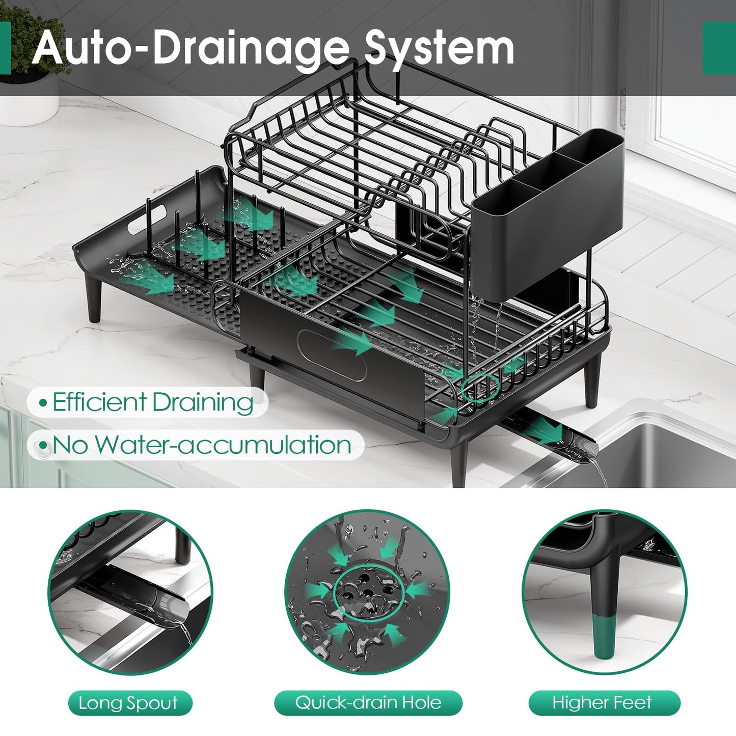Extendable Dish Drying Rack for Kitchen Counter, Large Expandable Dish Rack with Multifunctional Drainboard for Pan Pot, Collapsible dish drainer, Foldable Plate Strainer for Home Countertop Storage