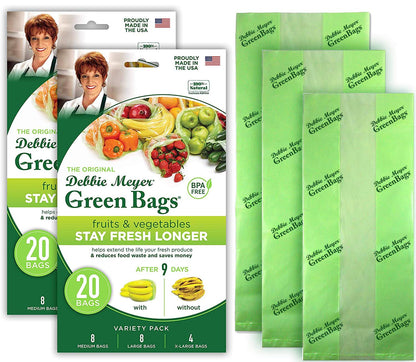 Debbie Meyer, GreenBags 20-Pack (8M, 8L, 4XL) | Reusable Storage Bags Keeps Fruit, Vegetables, Produce, Cut Flowers Fresh Longer, Kitchen & Fridge Preservation Solution, BPA Free, Made in the USA