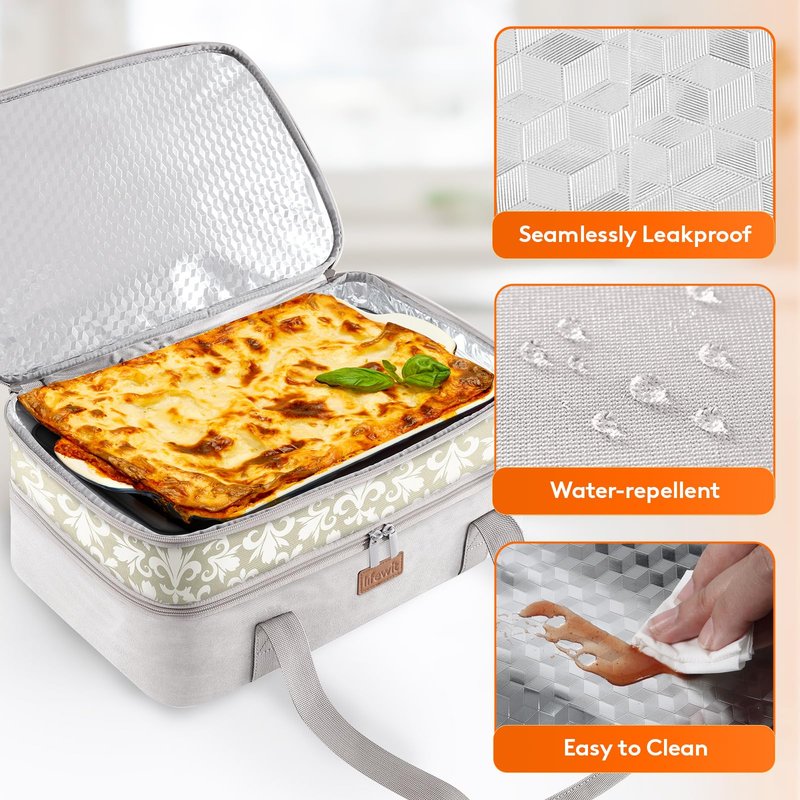 Lifewit Insulated Double Decker Casserole Carrier for Hot or Cold Food, Lasagna Lugger Holder Fits 9" x 13" Baking Dish, Thermal Lunch Tote Bag for Potluck Parties, Picnic and Cookouts, Grey