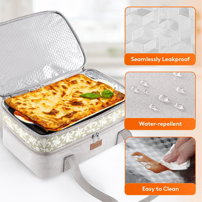 Lifewit Insulated Double Decker Casserole Carrier for Hot or Cold Food, Lasagna Lugger Holder Fits 9" x 13" Baking Dish, Thermal Lunch Tote Bag for Potluck Parties, Picnic and Cookouts, Grey